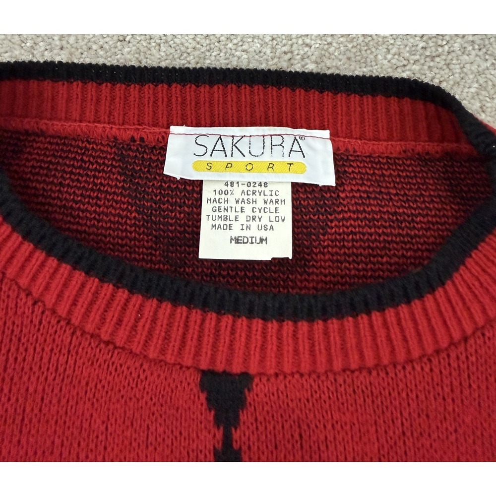 Vintage Sakura Sport MEDIUM Red Black Argyle Diamond Knit Pullover Sweater USA - Picture 3 of 6